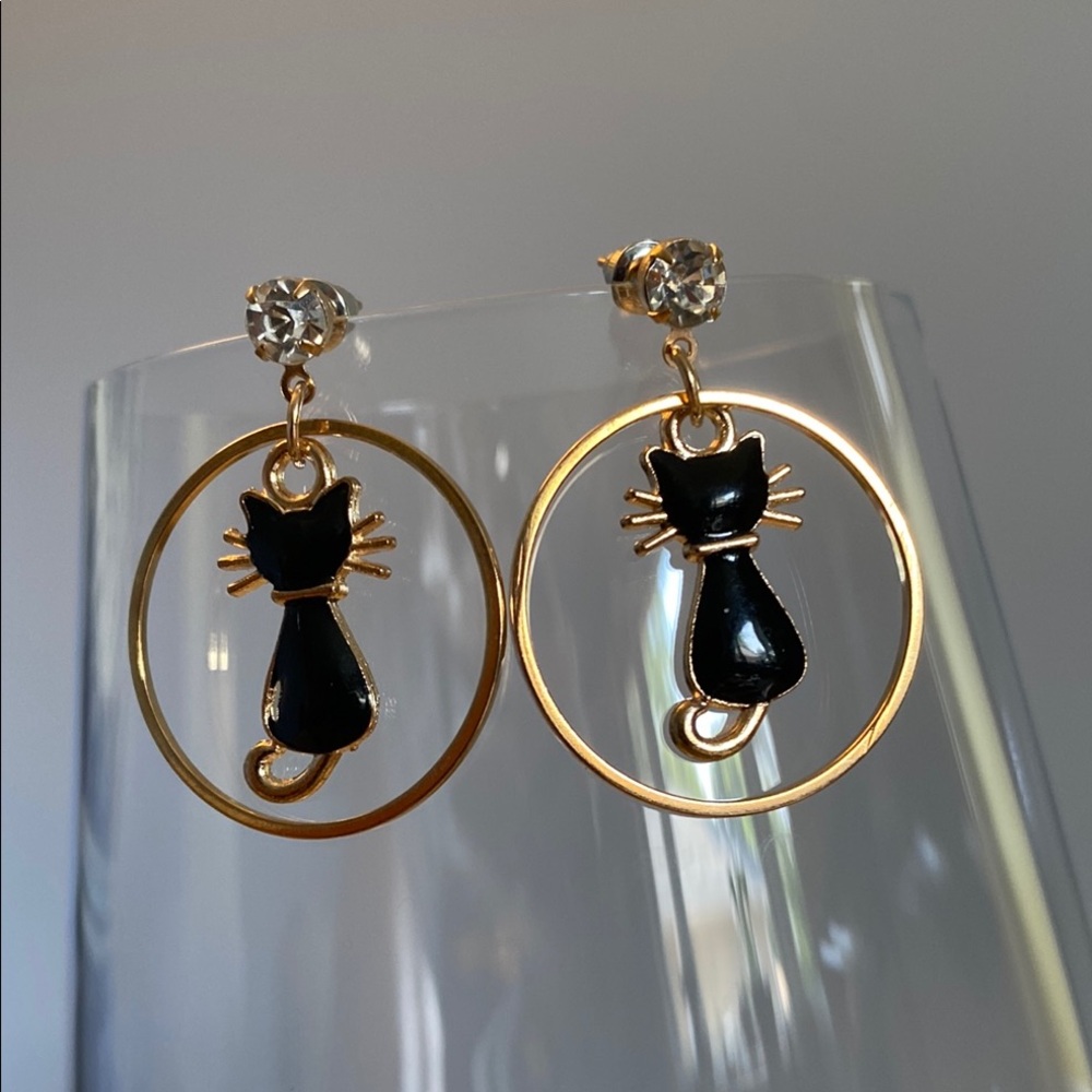 Elegant Black Cat Earrings with Gold Accents